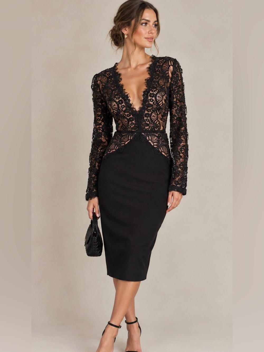 Rare London Limited Edition Black Lace Cutout Midi Bodycon Dress size 4